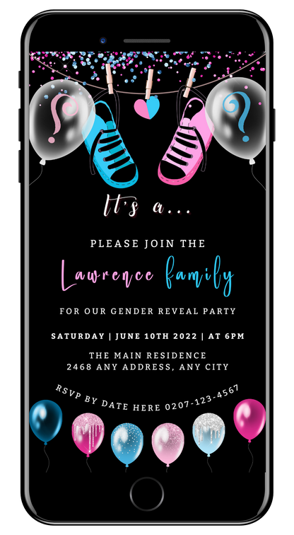 Black and pink baby shower invitation with shoes and balloons, customizable digital template for gender reveal evite, editable in Canva.