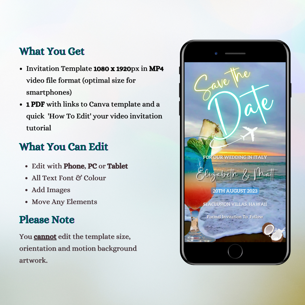 Smartphone displaying a customizable Sunset Beach Cocktail Destination | Save The Date video invitation with a beach and cocktail image.