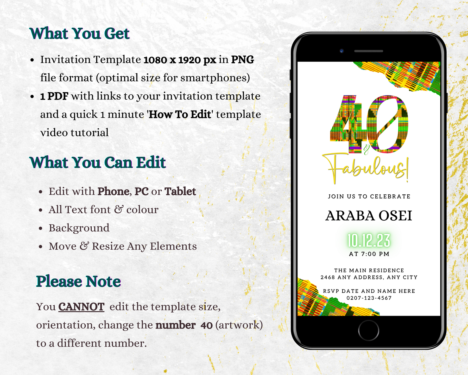 Editable White Green Yellow Kente | 40 & Fabulous Party Evite displayed on a smartphone screen, showcasing customizable text for event details.