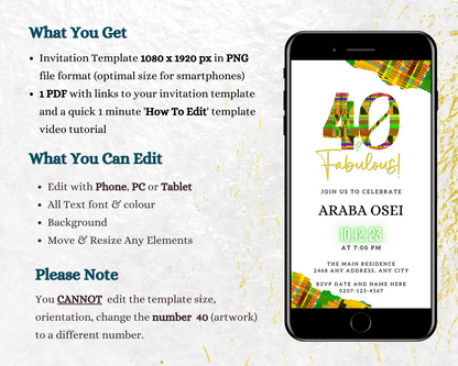 Editable White Green Yellow Kente | 40 & Fabulous Party Evite displayed on a smartphone screen, showcasing customizable text for event details.