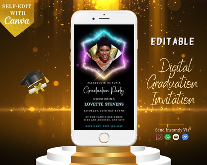 Neon Diamond Frame Graduation Party Invitation on a white phone screen, displaying a smiling woman in a diamond frame, with graduation cap and diploma imagery.