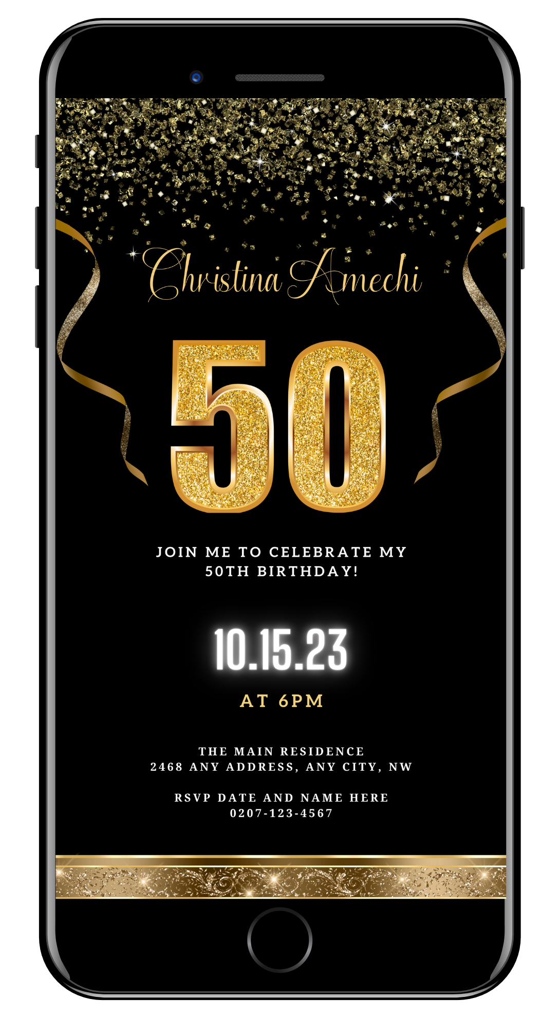 Black Gold Confetti 50th Birthday Evite featuring customizable gold text and ribbon on a black background, designed for easy digital personalization and sharing.