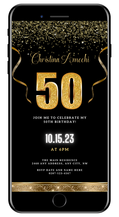 Black Gold Confetti 50th Birthday Evite featuring customizable gold text and ribbon on a black background, designed for easy digital personalization and sharing.