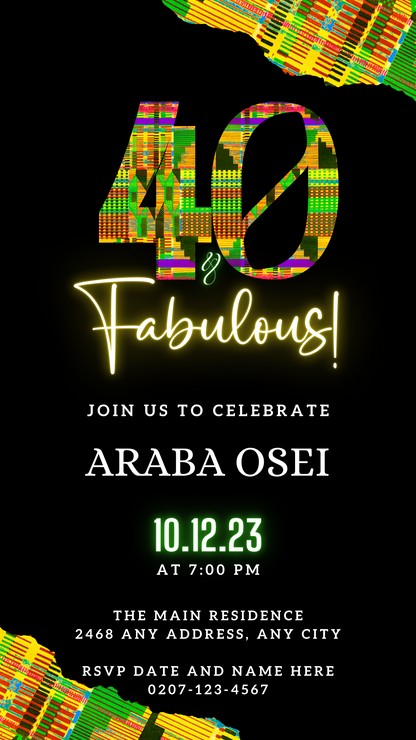 Editable Black Green Yellow Kente 40 & Fabulous Party Evite, customizable in Canva, featuring vibrant text and patterns, perfect for digital invitations.