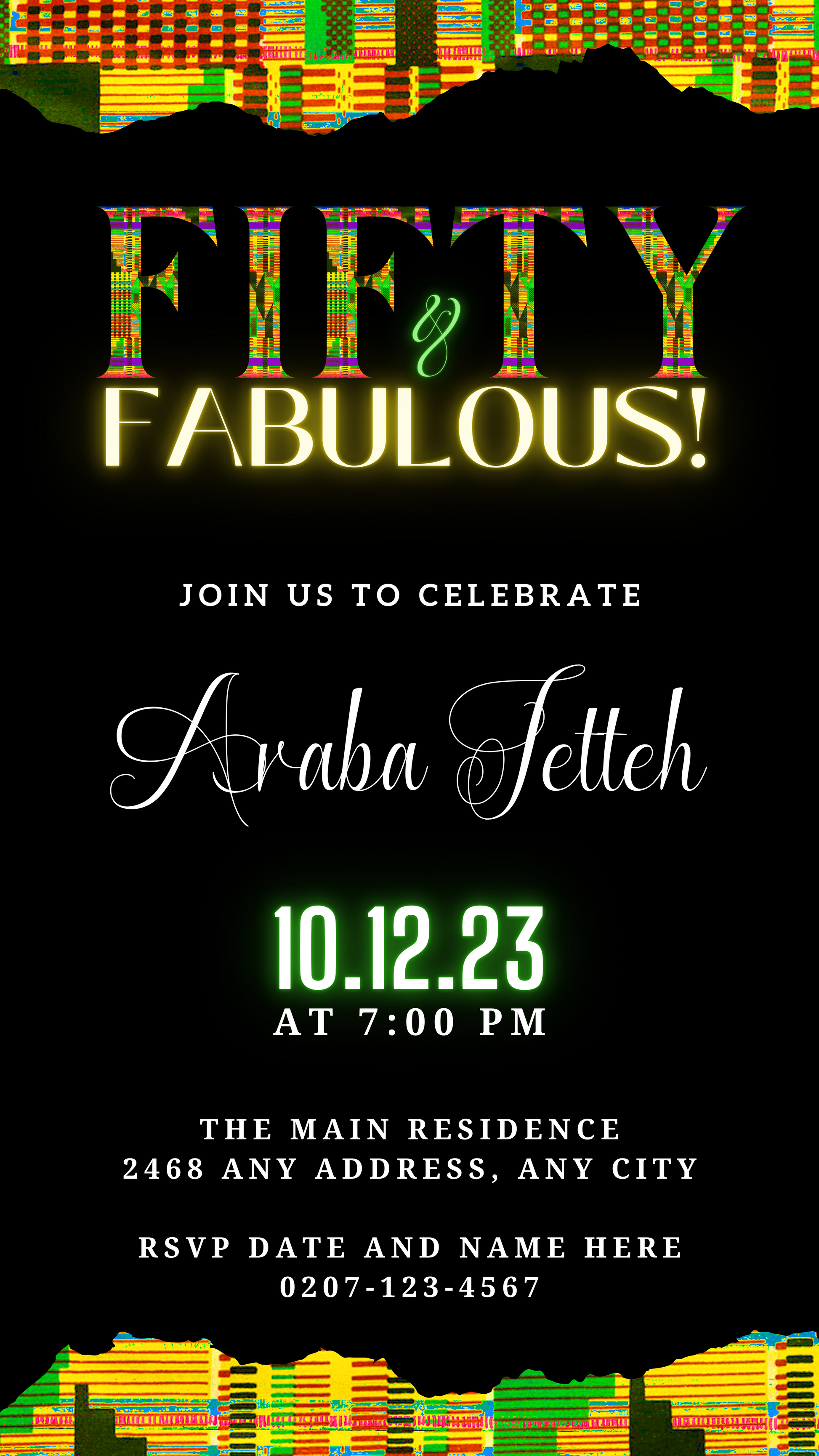 Customizable Green Yellow Kente Black | 50 & Fabulous Party Evite, featuring vibrant text and colorful lights, editable via Canva for electronic invitations.