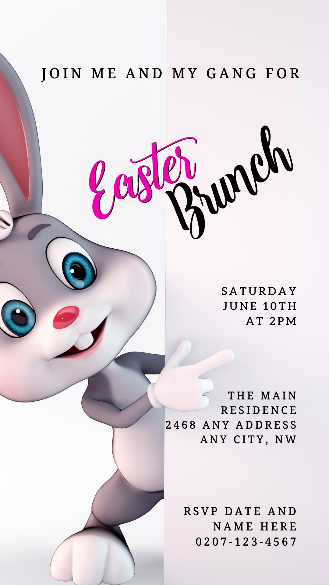 Cartoon bunny pointing at a sign, promoting Editable Digital Cute Easter Bunny & Friends | Easter Evite for easy event personalization via Canva.