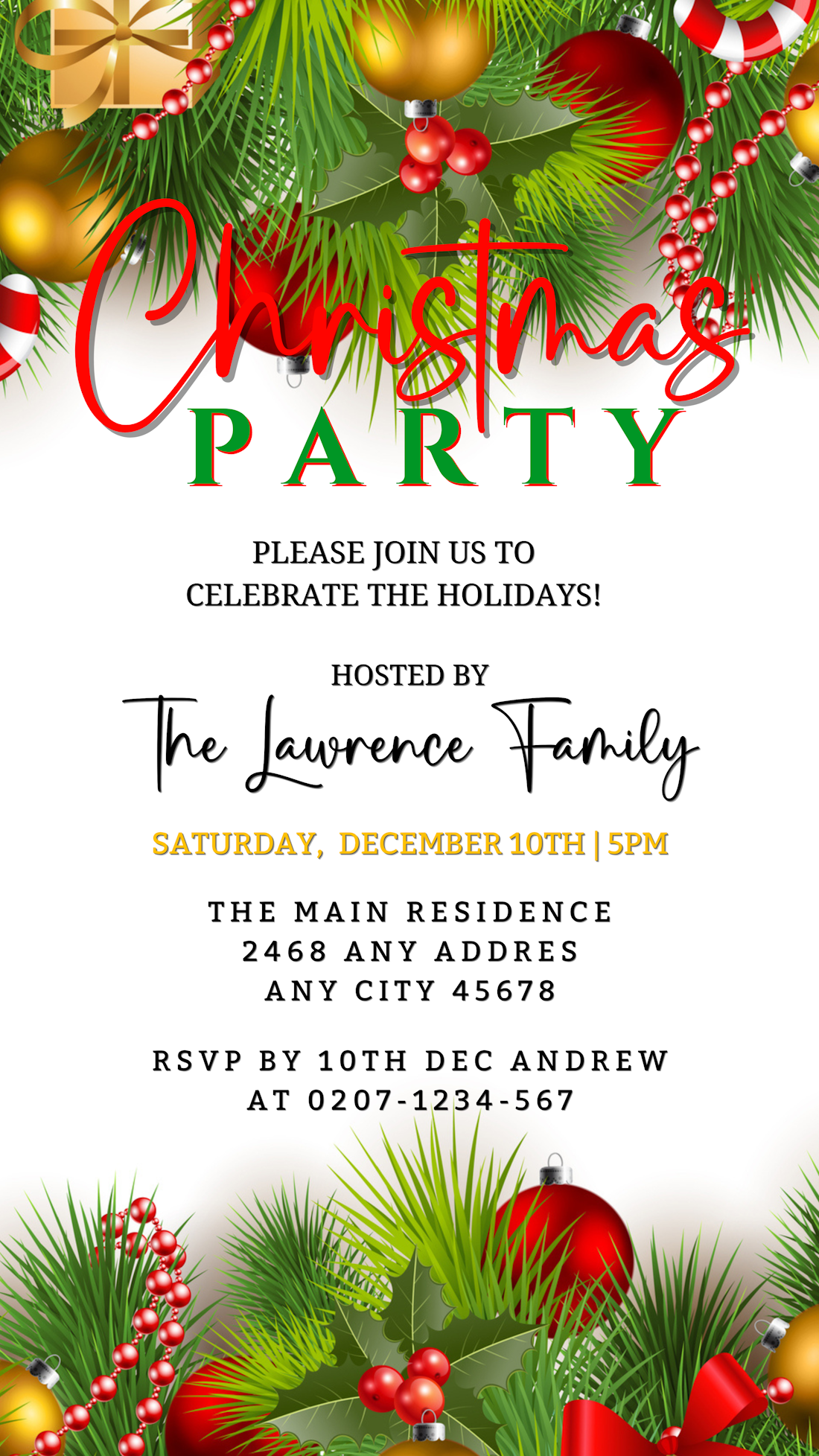 White Green Ornaments Christmas Party Invitation, DIY editable template showing festive decorations and text, customizable via Canva for easy electronic sharing.