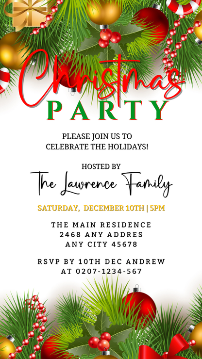 White Green Ornaments Christmas Party Invitation, DIY editable template showing festive decorations and text, customizable via Canva for easy electronic sharing.