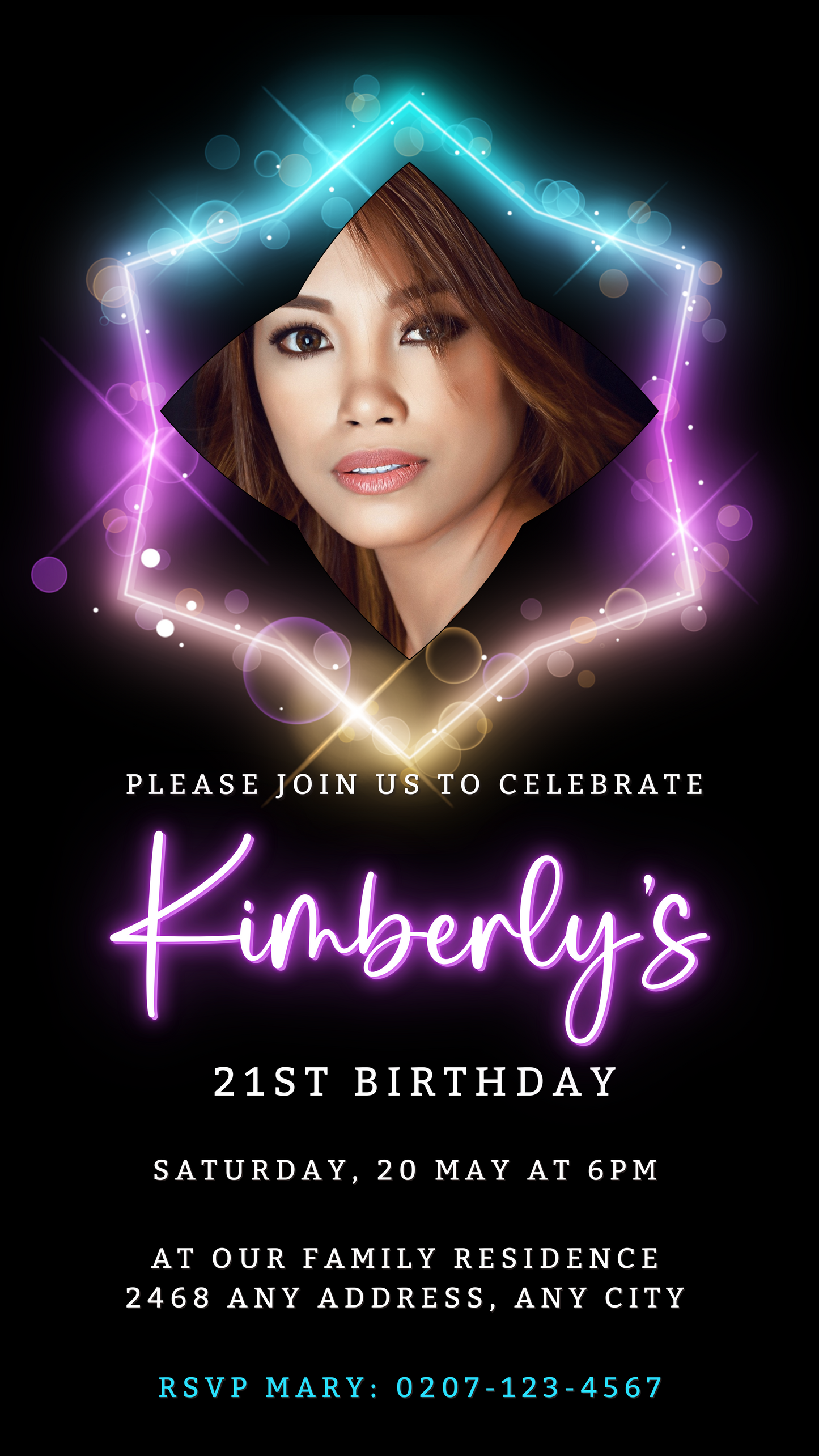 Woman's face in a diamond frame with neon lights, representing the Colourful Neon Black Pink Birthday Party Evite, customizable via Canva for digital invitations.