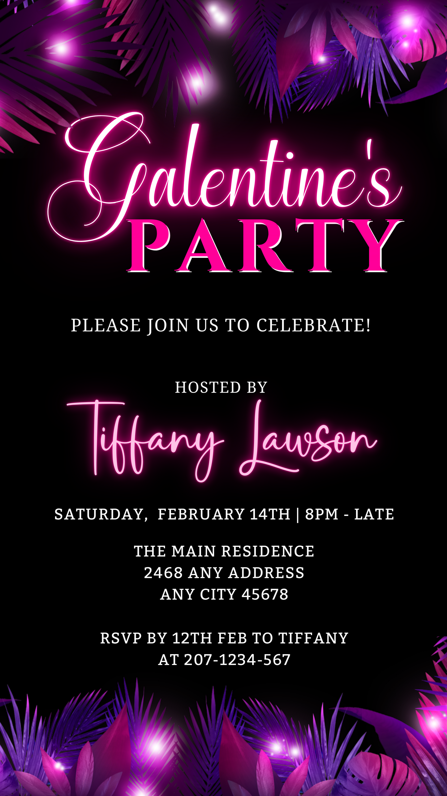 Editable Purple Pink Neon Palm Leaves Galentines Party Evite, featuring customizable text and vibrant design elements for easy smartphone use and electronic sharing.