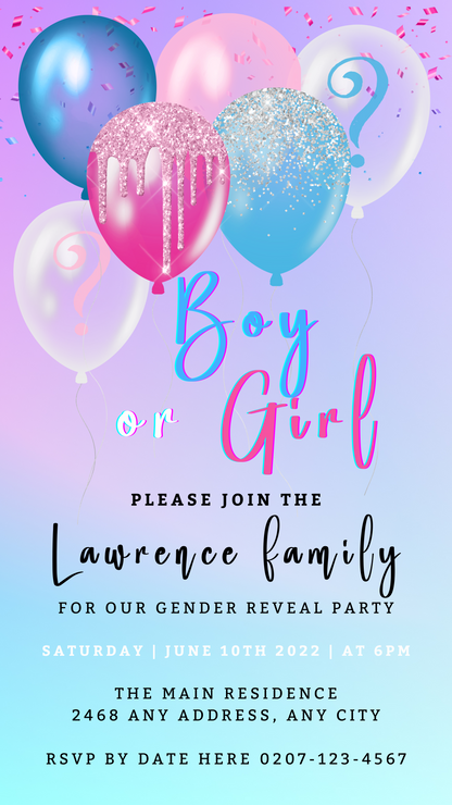 Digital baby shower invitation featuring customizable floating balloons for a gender reveal, editable via Canva and shareable through various electronic means.