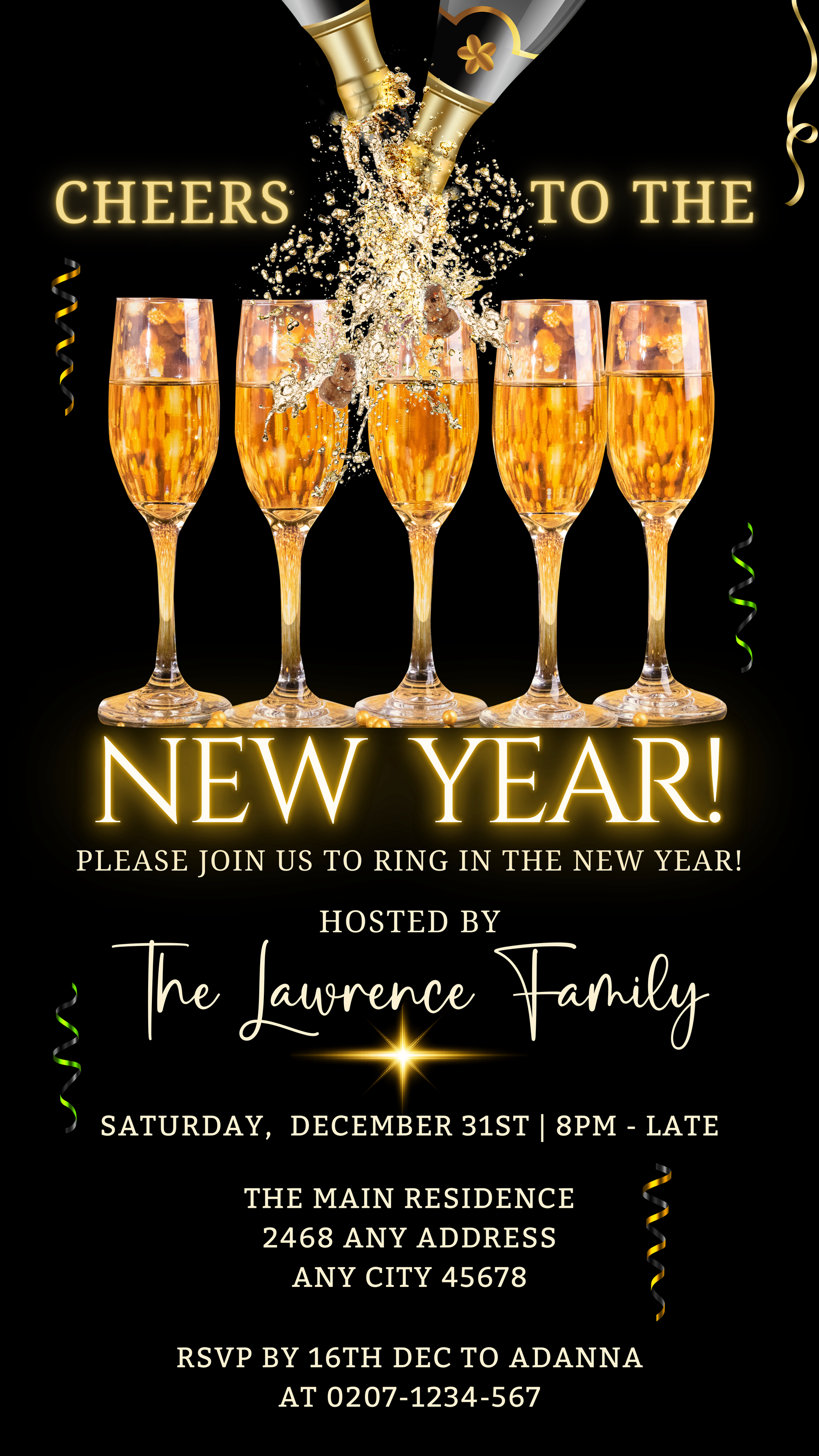 A digital invitation template featuring champagne glasses for a customizable New Year's party evite.