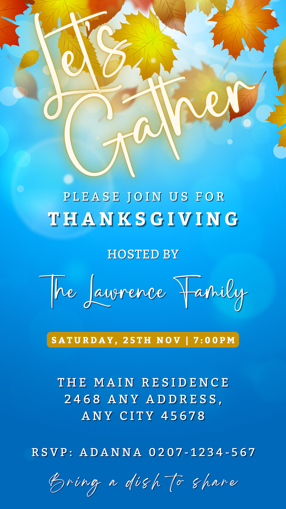 Blue Golden Leaves Bokeh | Let's Gather Thanksgiving Evite template featuring a blue and white design with yellow leaves, customizable using Canva for digital sharing.