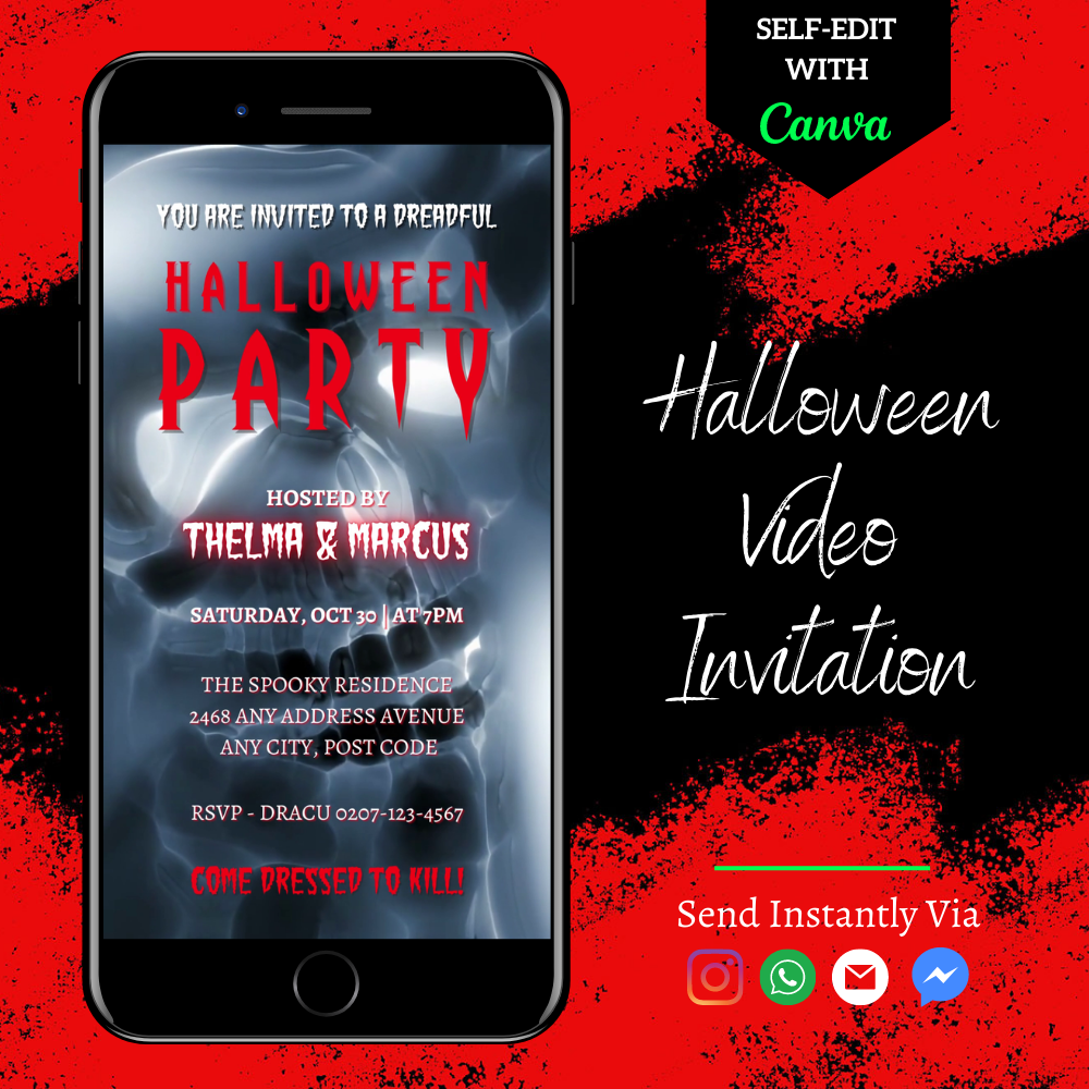 Spooky Lava Ghost Skull Halloween Party Video Invite displayed on a mobile phone screen with editable text options visible.