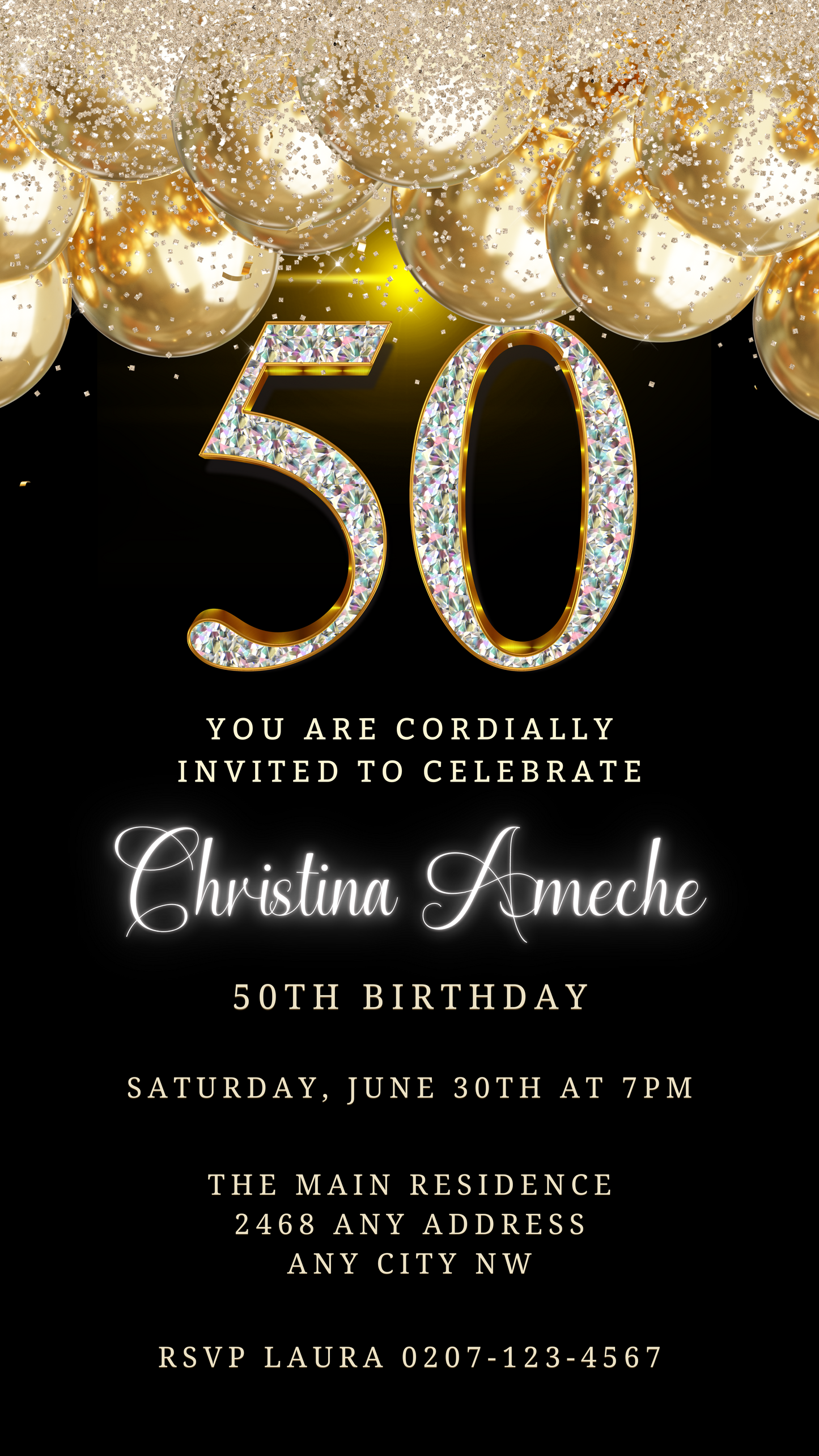 Black and gold 50th birthday digital invitation with balloons and glitter, customizable via Canva for electronic sharing.