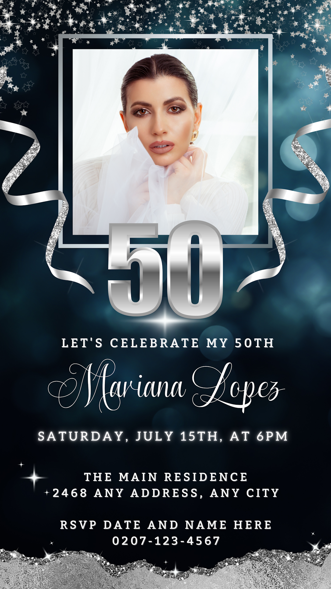 Navy Silver Glitter 50th Birthday Evite featuring customizable text, silver ribbons, and a woman's photo, ideal for digital sharing via smartphone.