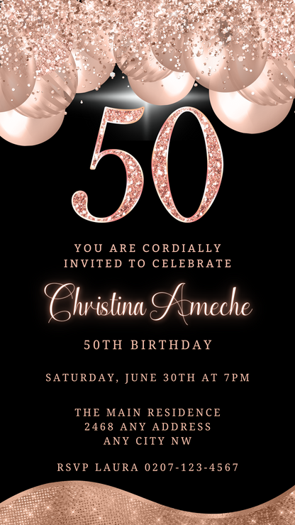 Rose Gold Balloons Glitter | 50th Birthday Evite: A black and gold digital invitation with pink glittery elements and customizable text for a 50th birthday party.