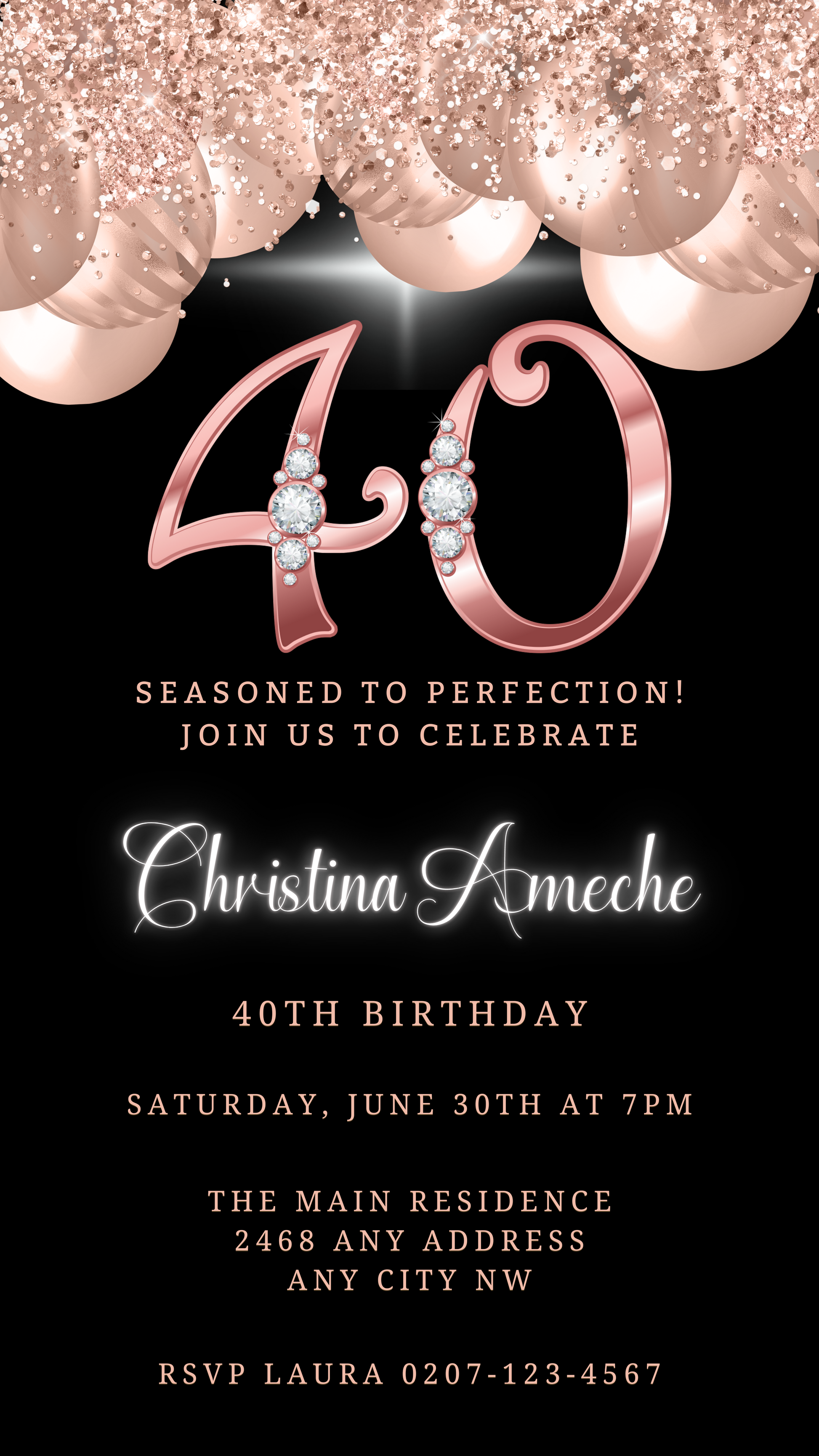 Rose Gold Balloons Diamond Studs | 40th Birthday Evite featuring customizable black and gold design with diamond accents for a luxurious digital invitation.
