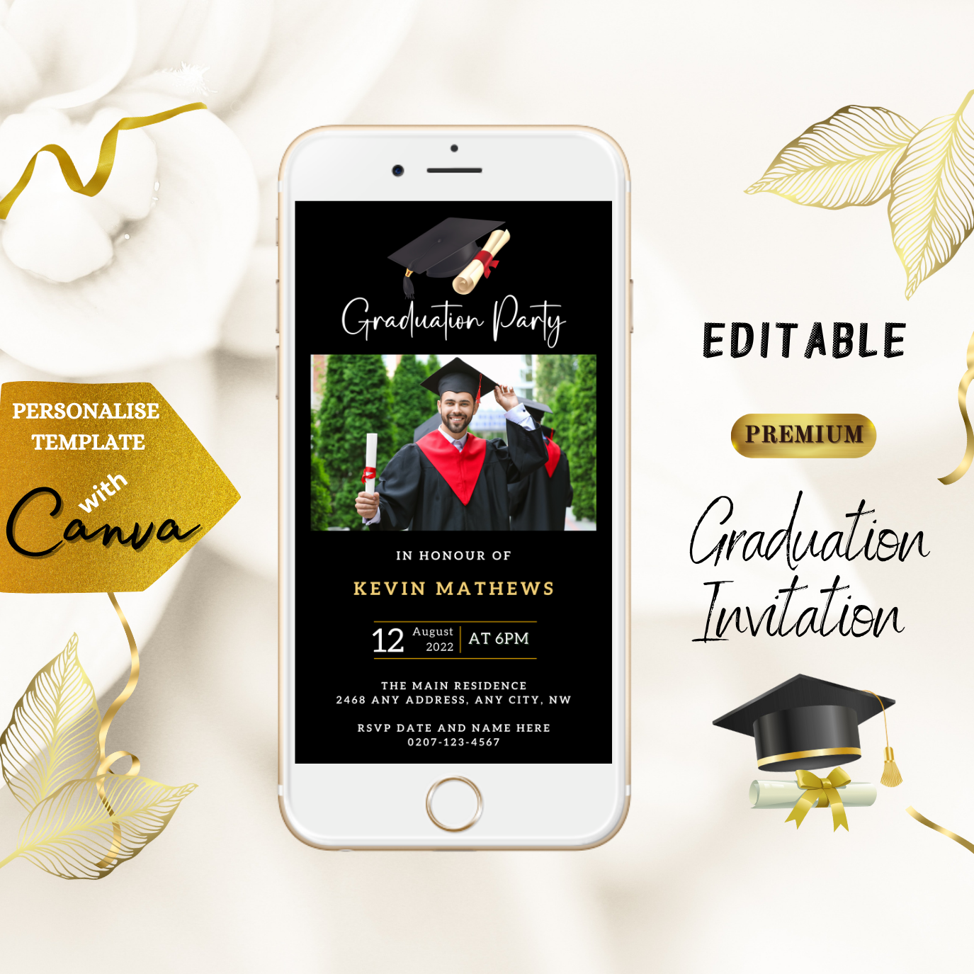 Personalized Black & Gold Graduation Party Invitation featuring a customizable photo of a graduate in cap and gown, diploma graphics, and elegant typography on a mobile phone screen.