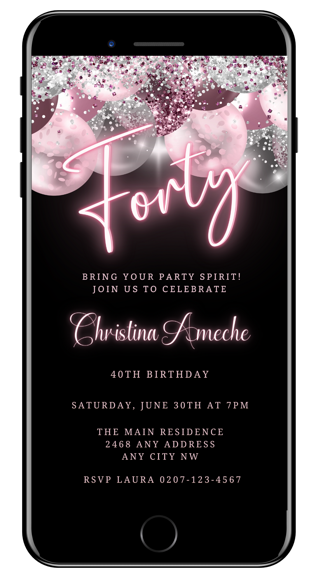 Customizable Mauve Pink Silver Neon 40AF Birthday Evite displayed on a smartphone screen with pink text and balloon graphics.