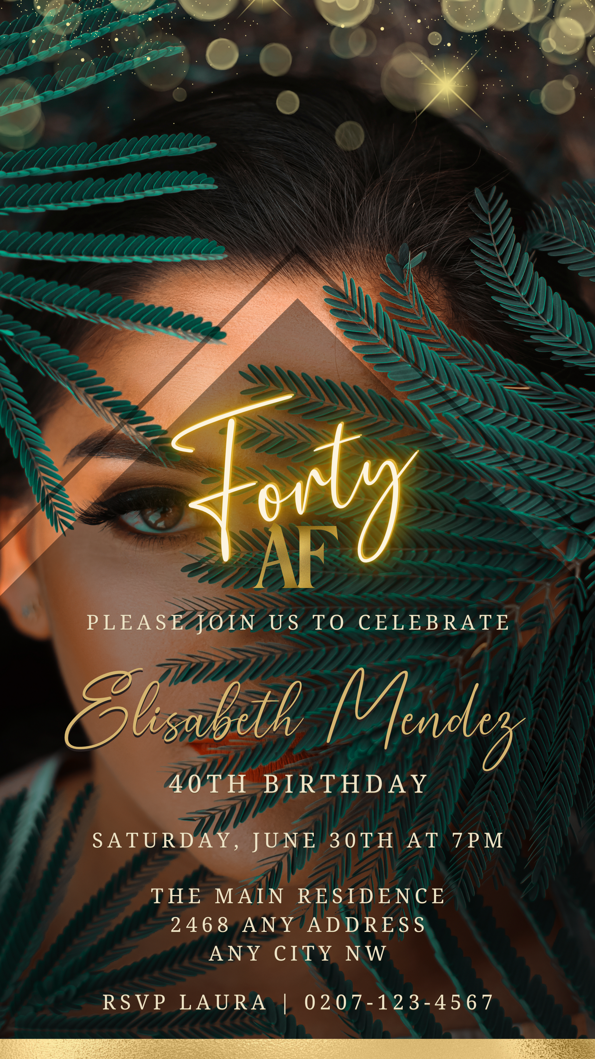 Woman's face framed by leaves, promoting customizable Photo Background Gold | 40AF Birthday Evite, a DIY digital invitation template for personalizing with Canva.