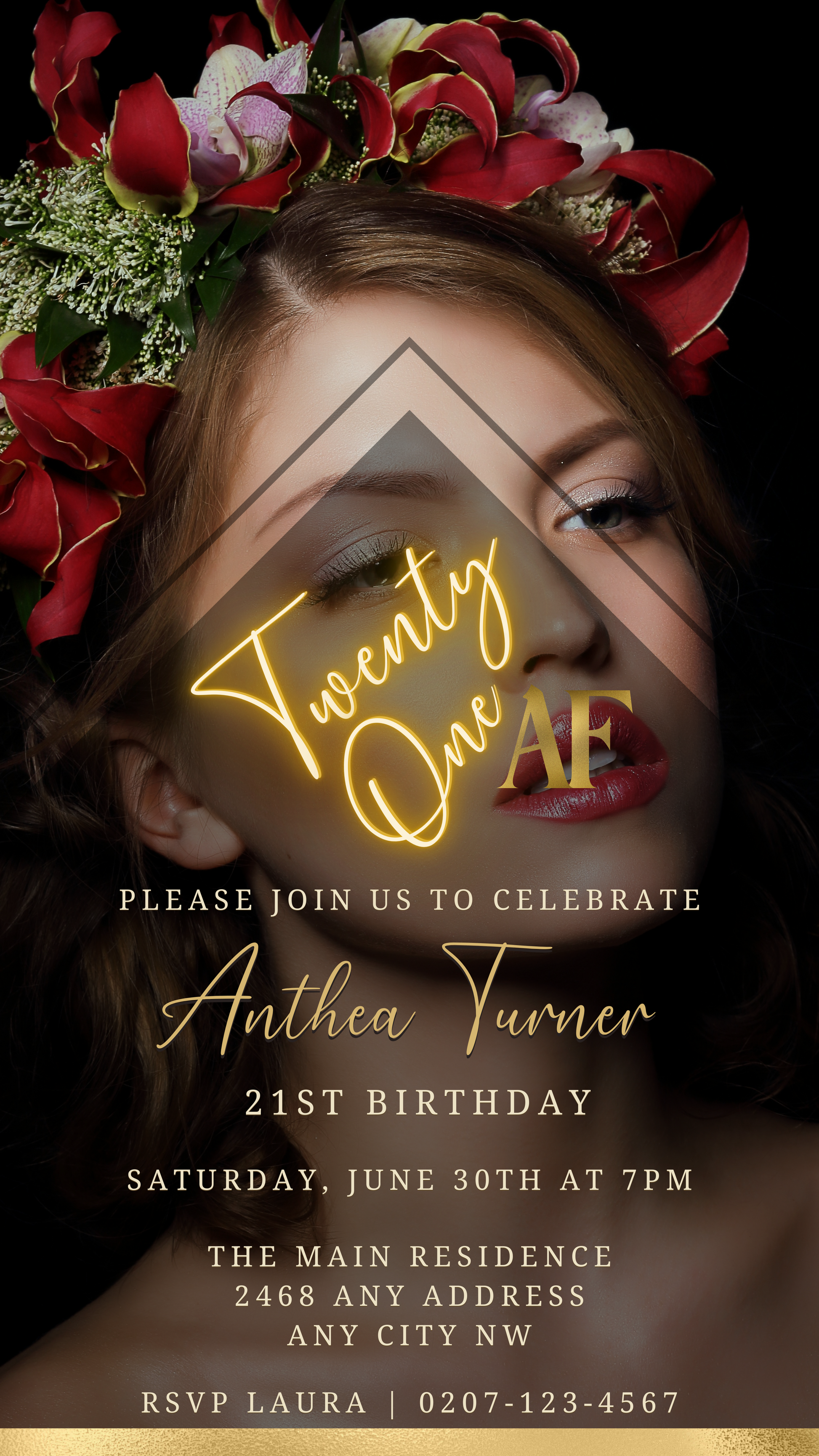 Woman with flowers in her hair promoting customizable Digital Photo Background Gold | 21AF Birthday Evite, editable via Canva for easy digital invitations.