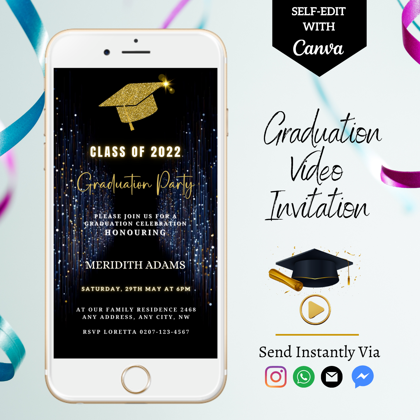 Gold Navy Glitter Graduation Video Invitation displayed on a white smartphone, customizable via Canva for events, perfect for digital sharing.