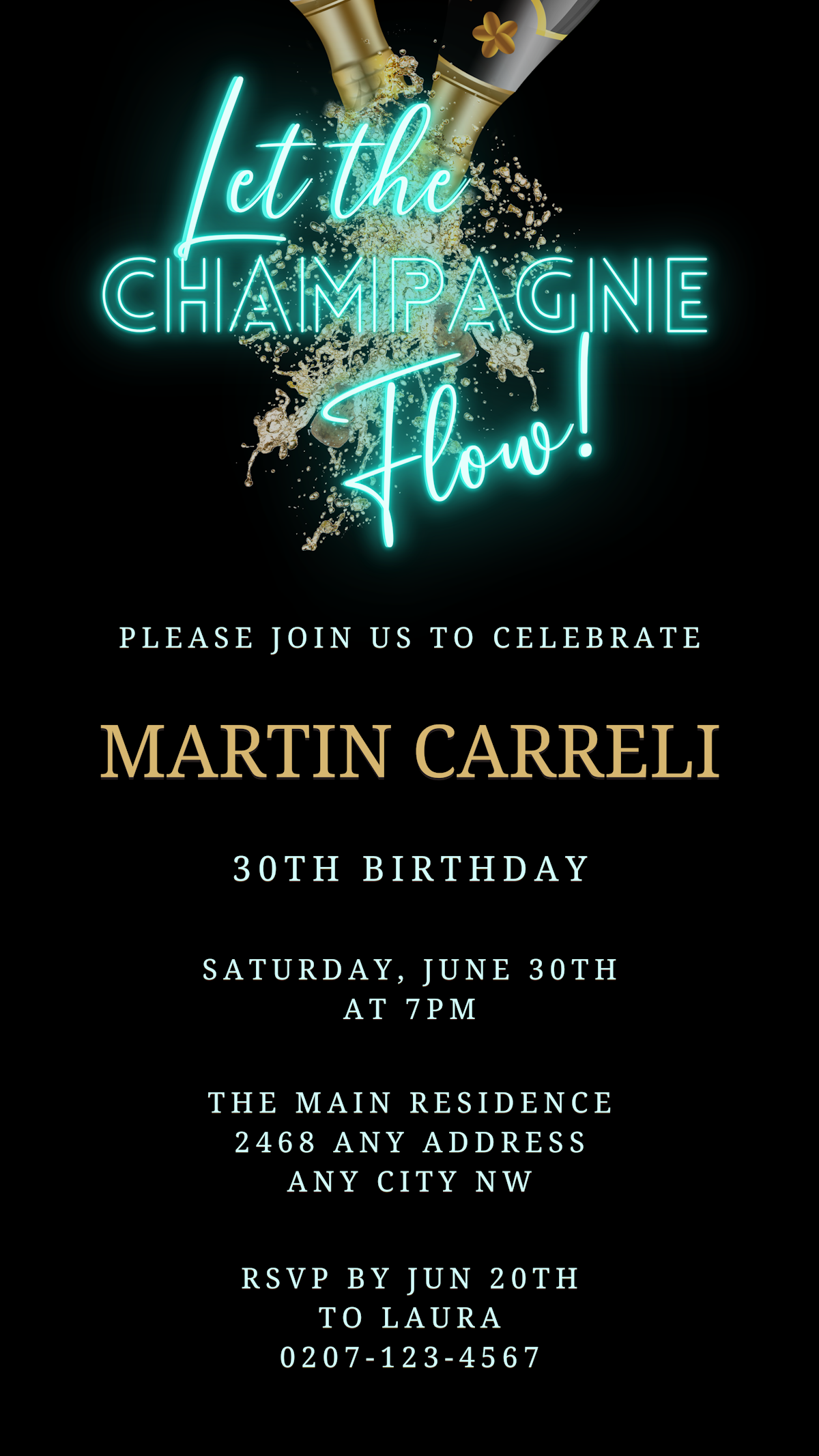 Teal Black Champagne Birthday Party Evite featuring customizable text and champagne bottle graphics for digital invitations.