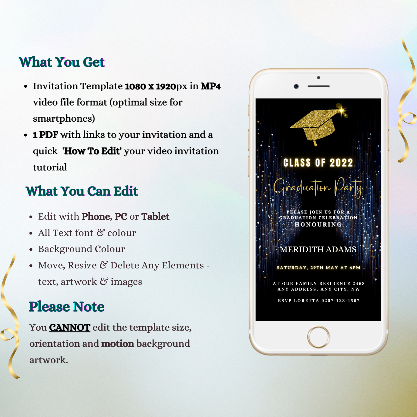 Gold Navy Glitter Graduation Video Invitation on a white cell phone screen with a gold graduation cap and confetti.