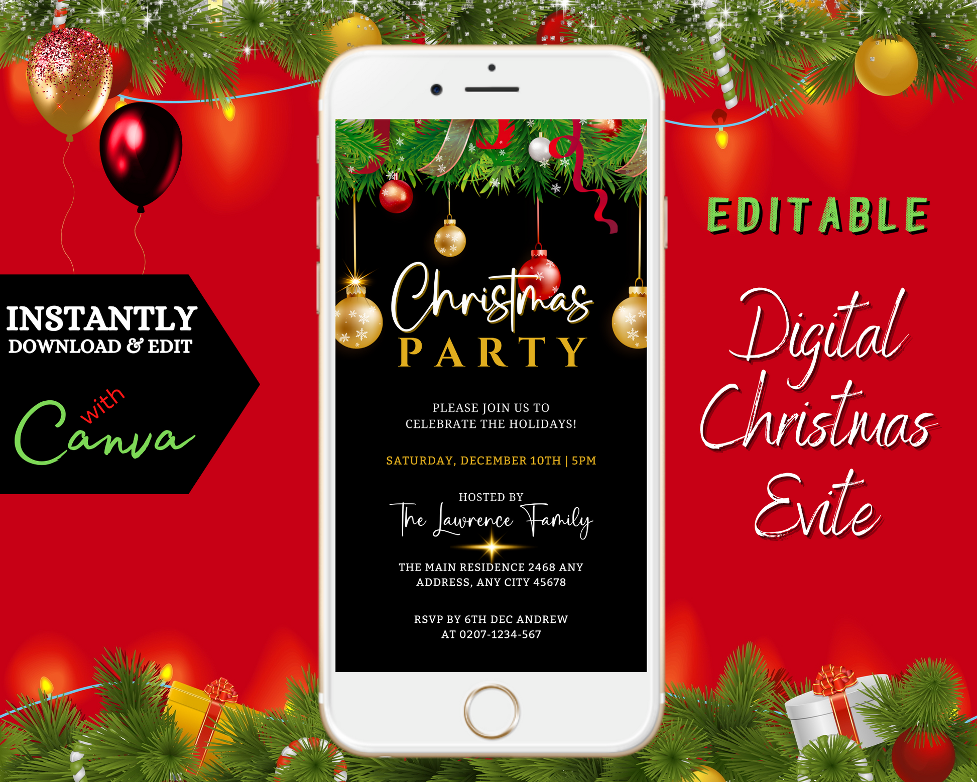 White smartphone displaying a customizable Christmas party invitation template with red, gold, and green leaf design, set against a festive red background.