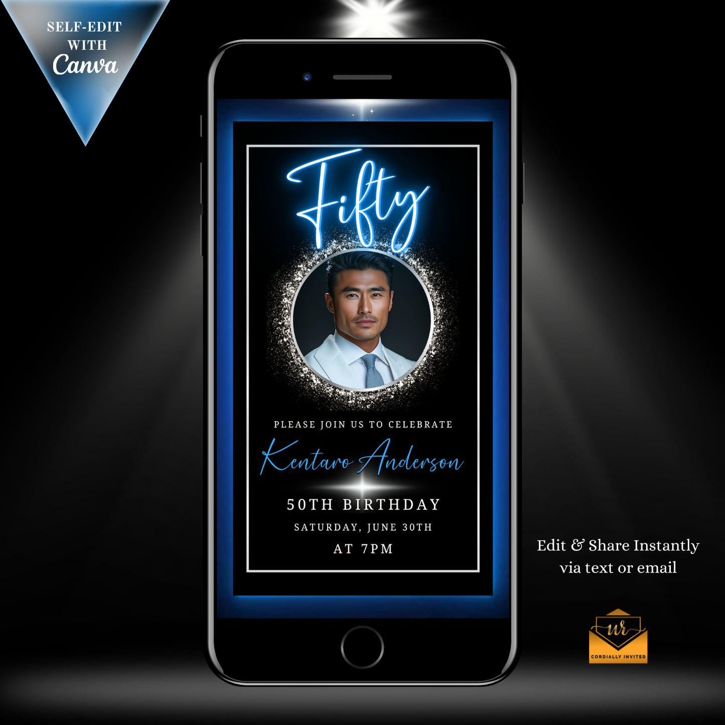 Blue & Silver 50th Birthday Video Invitation displayed on a smartphone, featuring an elegant oval photo frame with a celebrant's image on the screen.