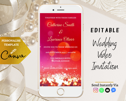 Fuchsia Gold Glitter Wedding Video Invitation displayed on a smartphone screen, customizable using Canva for personal events.