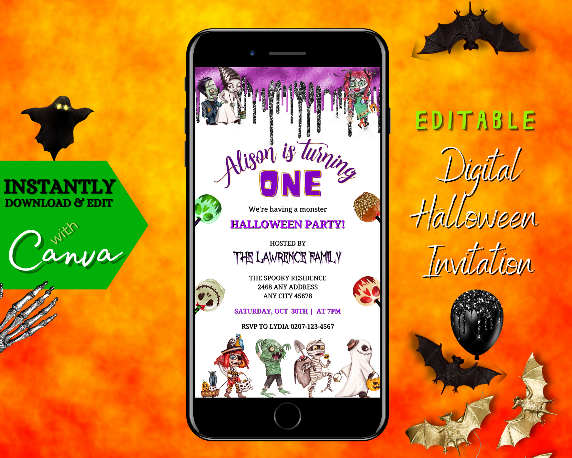 Children's Halloween Party Evite featuring a smartphone displaying a customizable invitation template with monsters and Halloween-themed graphics.