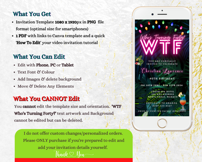 Customisable Tropical Destination Neon Pink | Who's Turning Forty Weekend Evite displayed on a white smartphone with a pink and green background.