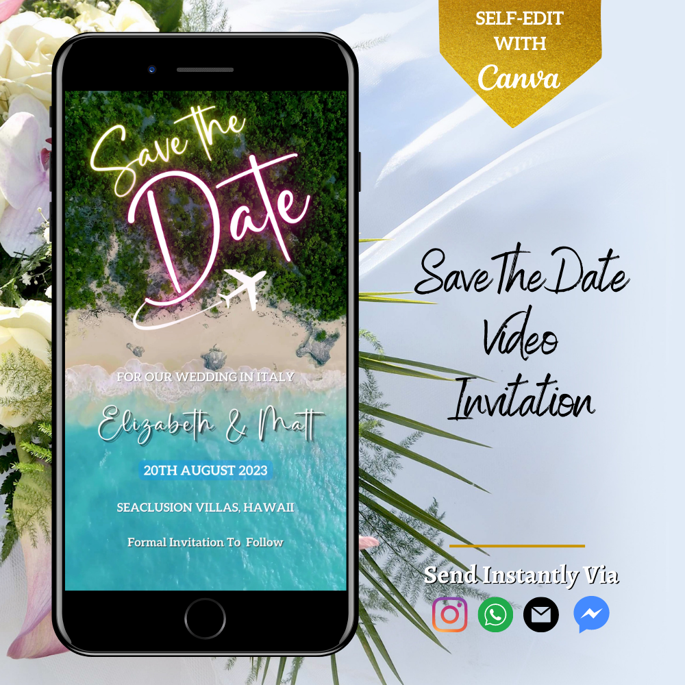 Customizable Exotic Beach Destination Save The Date Video Invitation displayed on a smartphone screen with floral accents, ready for personalization via Canva.
