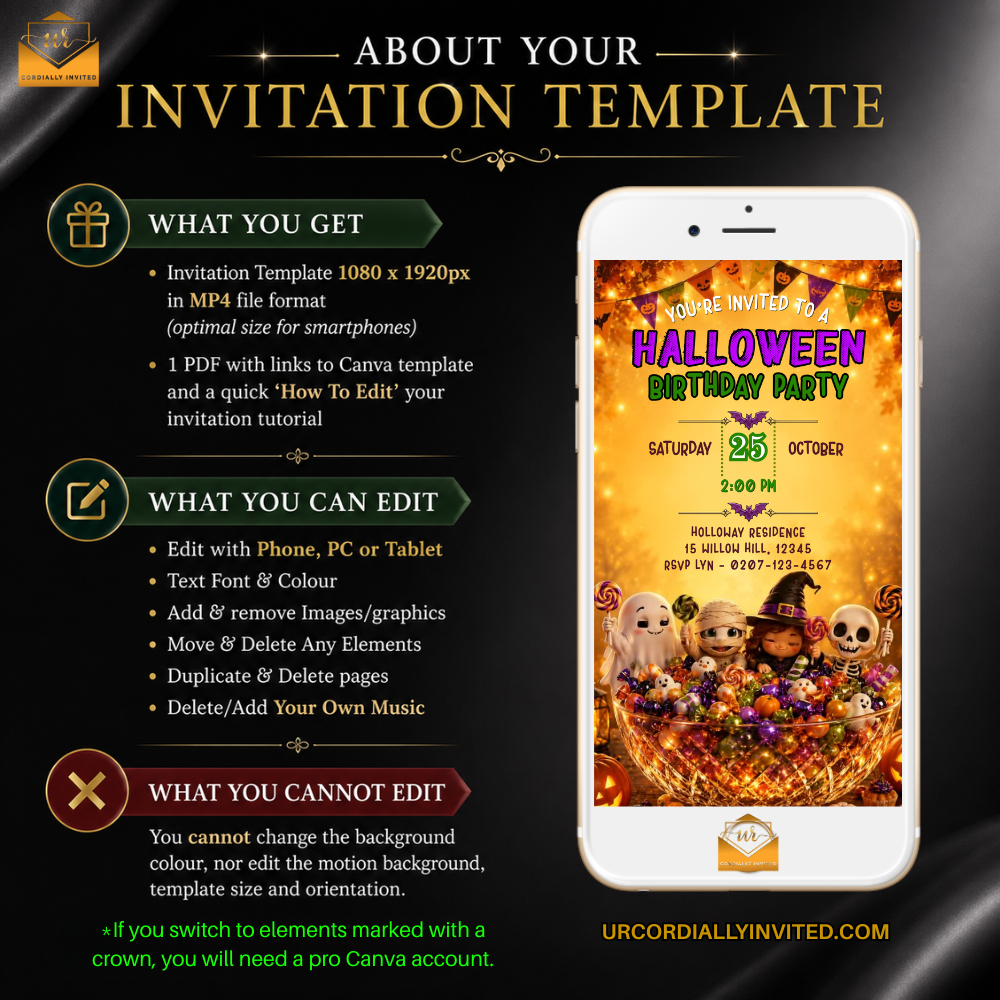 Promotional graphic for a Halloween invitation template, showing a smartphone mockup with a festive invitation design and descriptive text on a dark background.