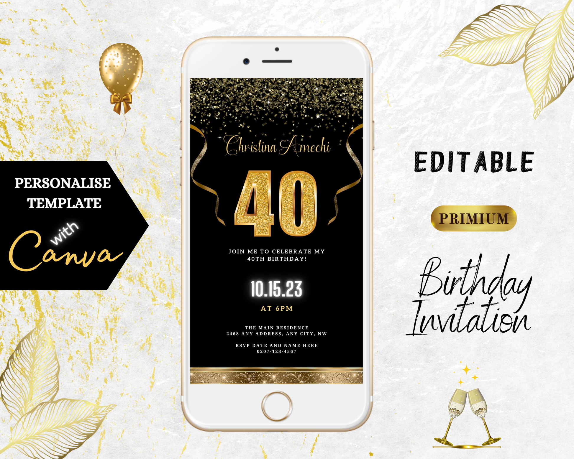 Black Gold Confetti 40th Birthday Evite showing customizable digital invitation with gold text, balloons, and champagne glasses for smartphone use.