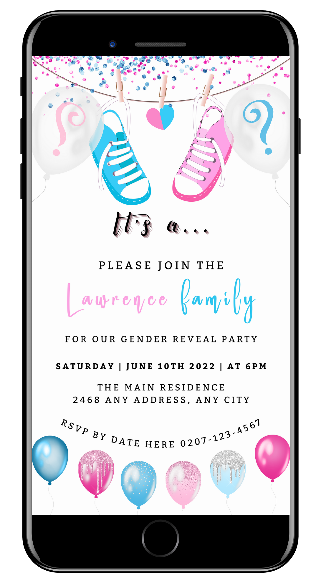 Cell phone screen displaying customizable digital gender reveal evite with pink and blue baby shoes and balloons.