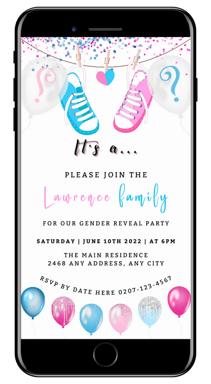 Cell phone screen displaying customizable digital gender reveal evite with pink and blue baby shoes and balloons.