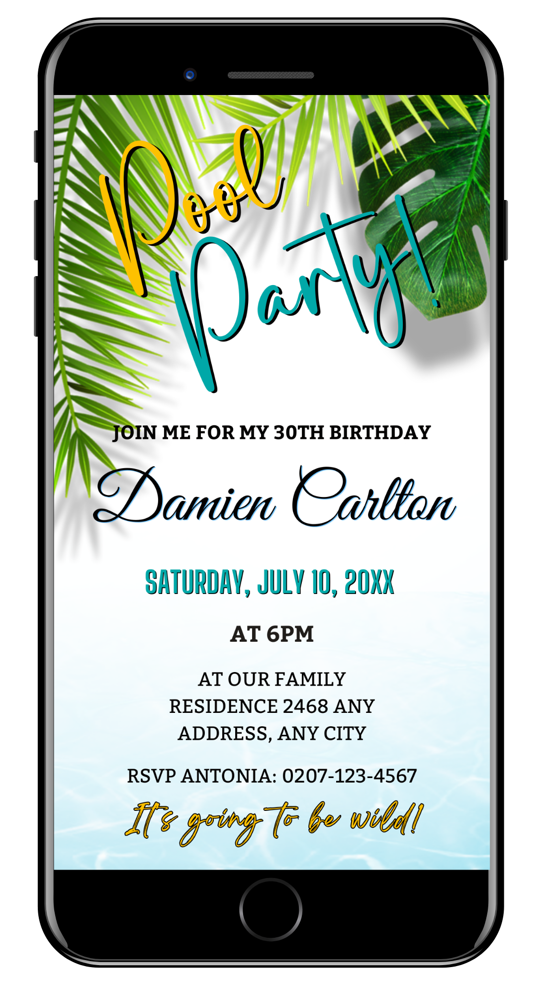 Digital Tropical Themed | Pool Party Invitation template displayed on a smartphone screen with green leaves background, customizable for events using Canva.