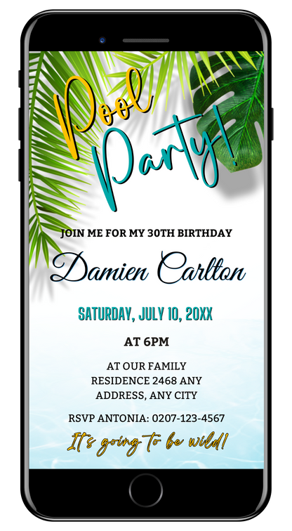 Digital Tropical Themed | Pool Party Invitation template displayed on a smartphone screen with green leaves background, customizable for events using Canva.