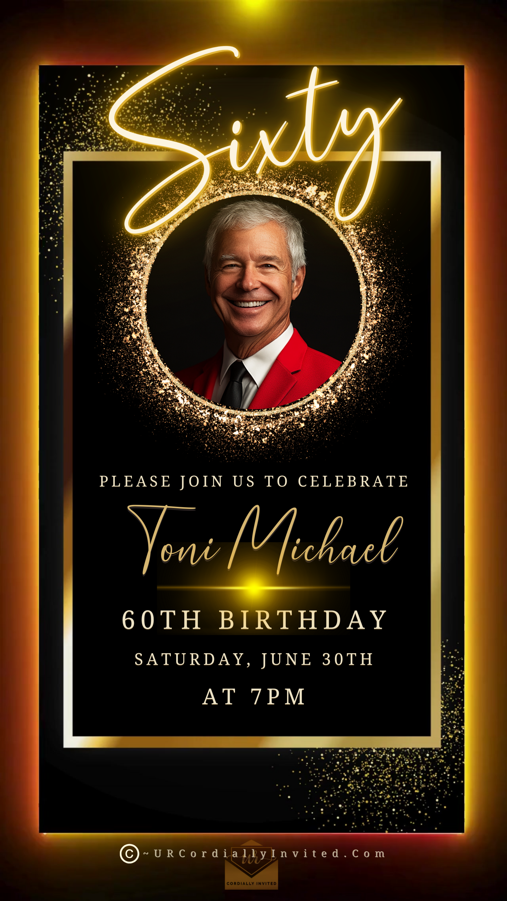 Man in red suit within gold oval frame, representing the 60th Birthday Video Invitation - Black & Gold Oval Photo Frame Animated Invite from URCordiallyInvited.