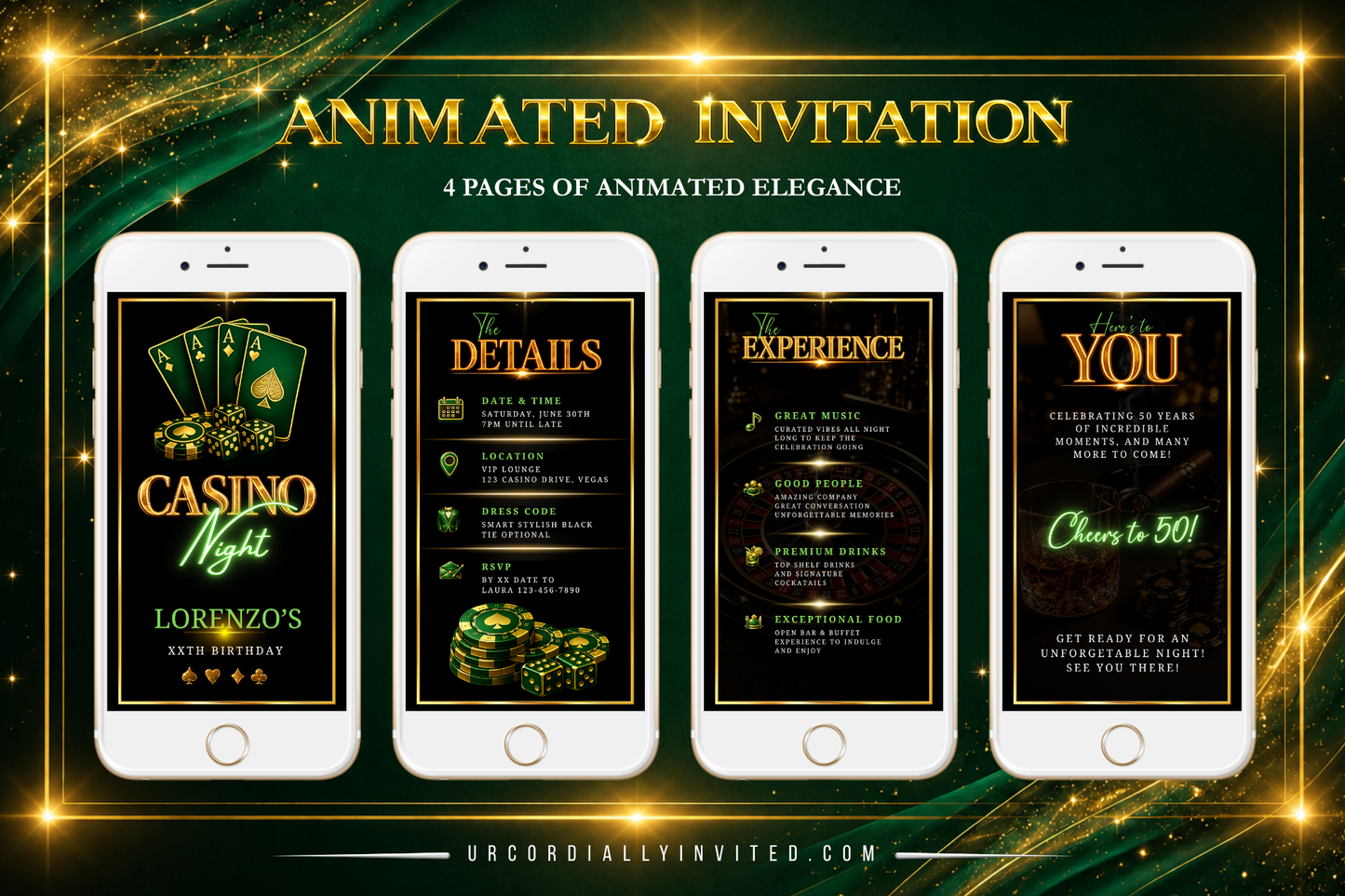 Casino Night Green & Gold Animated Invitation Suite