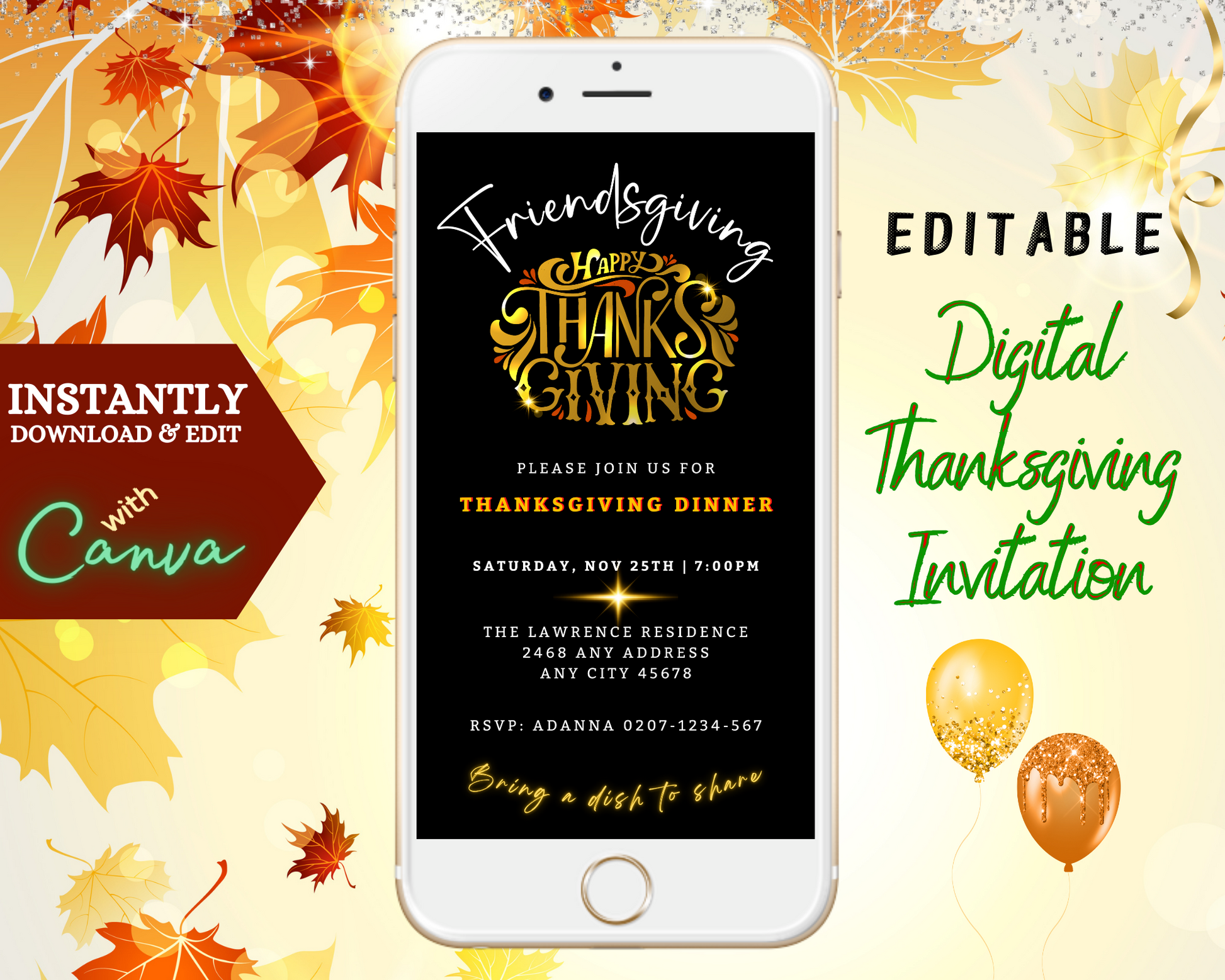 Gold Red Neon Black Friendsgiving Thanksgiving Evite template displayed on a white cell phone, showcasing editable text via Canva for digital invitations.