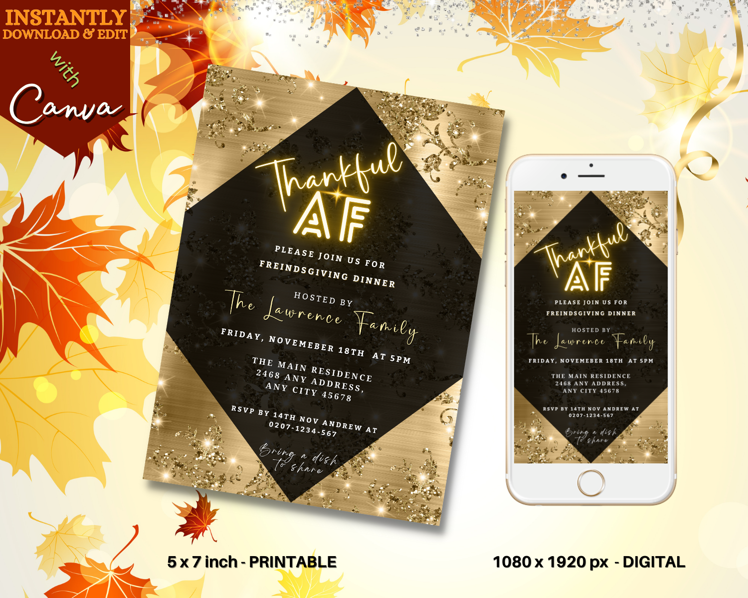 Thankful AF Golden Leaves Diamond Thanksgiving Dinner Evite displayed on a smartphone and a printed invitation.