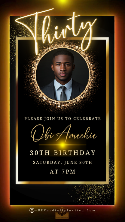 Man in a suit, featured on a Black & Gold Oval Photo Frame Animated Invite for a 70th birthday celebration, showcasing elegance and sophistication.