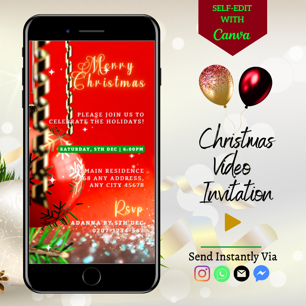 Smartphone displaying a customizable Christmas video invitation with red and gold glitter ornaments, designed for easy editing and sharing via the Canva app.