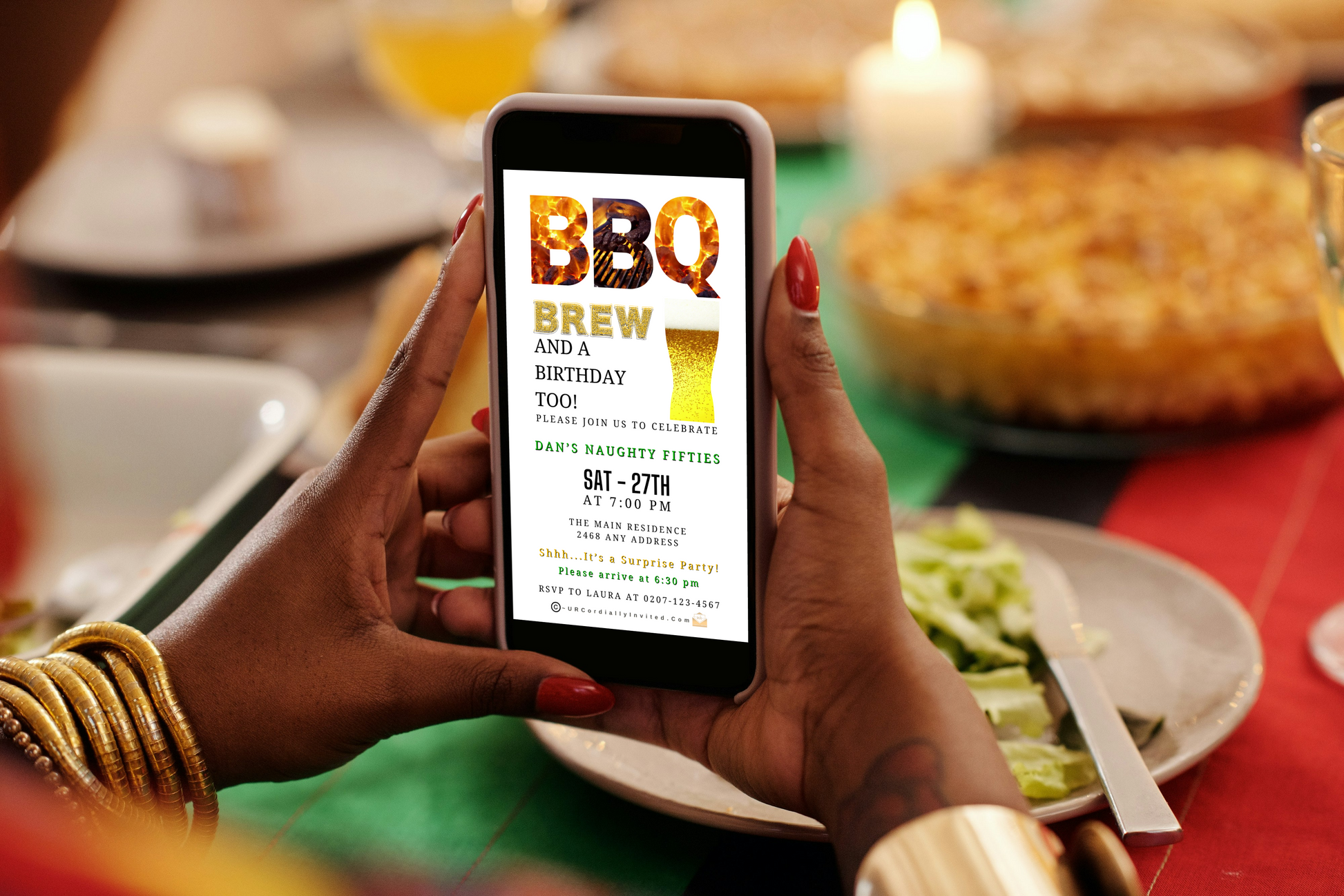 Person holding a smartphone displaying BBQ & Brew Birthday Invitation, an editable Canva template for digital video invites, showcasing customizable event details.