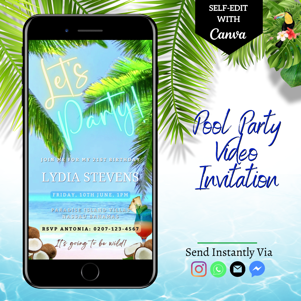 Cell phone displaying Ocean Sound Palm Beach | Party Video Invitation with beach and palm trees, customizable via Canva for digital distribution.