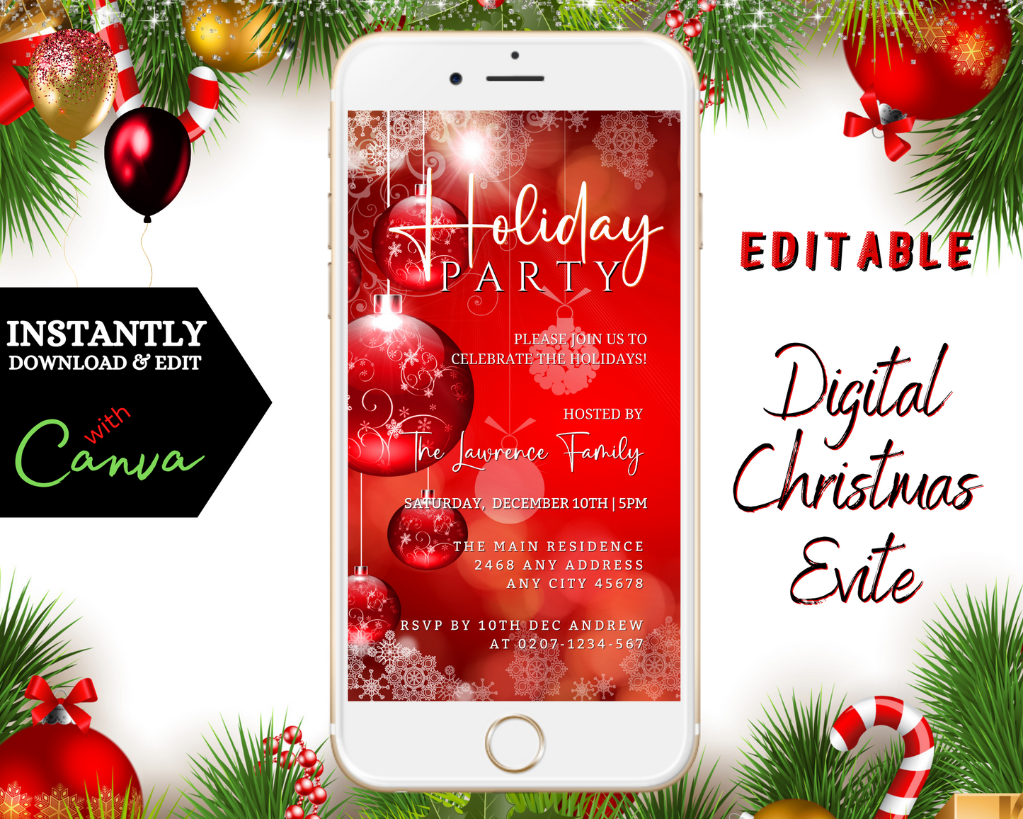 Glowing Red White Ornaments | Holiday Party Invitation displayed on a smartphone with festive red and gold ornaments and candy canes. Editable and downloadable for personalization.